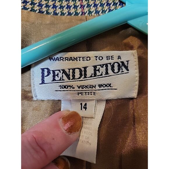 Petite Pendleton Blazer Jacket Women Sz 14 100% Virgin Wool Leather Accents - Picture 10 of 10